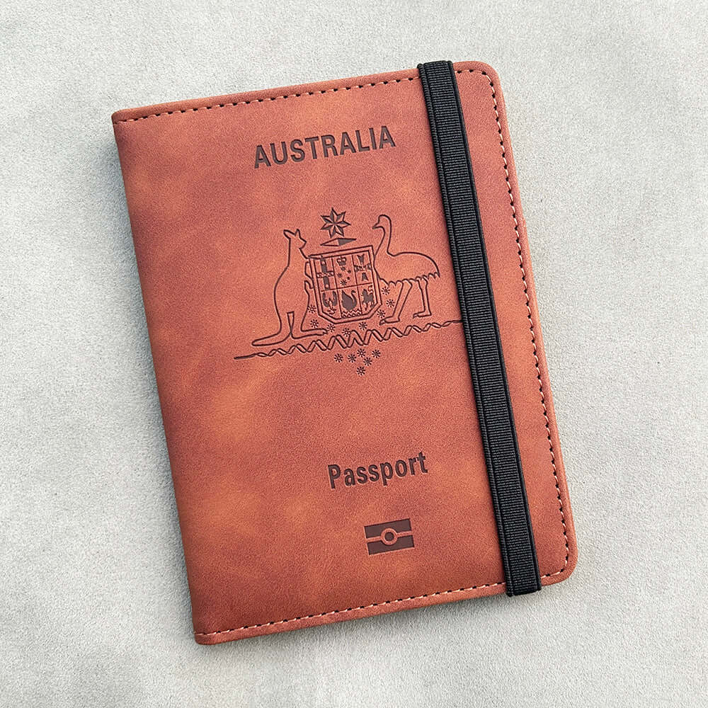 Brown RFID Australia Passport Holder with a grey background