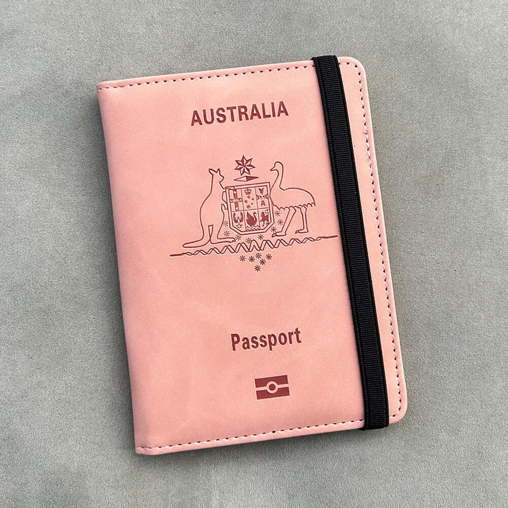 Pink RFID Australia Passport Holder with a grey background