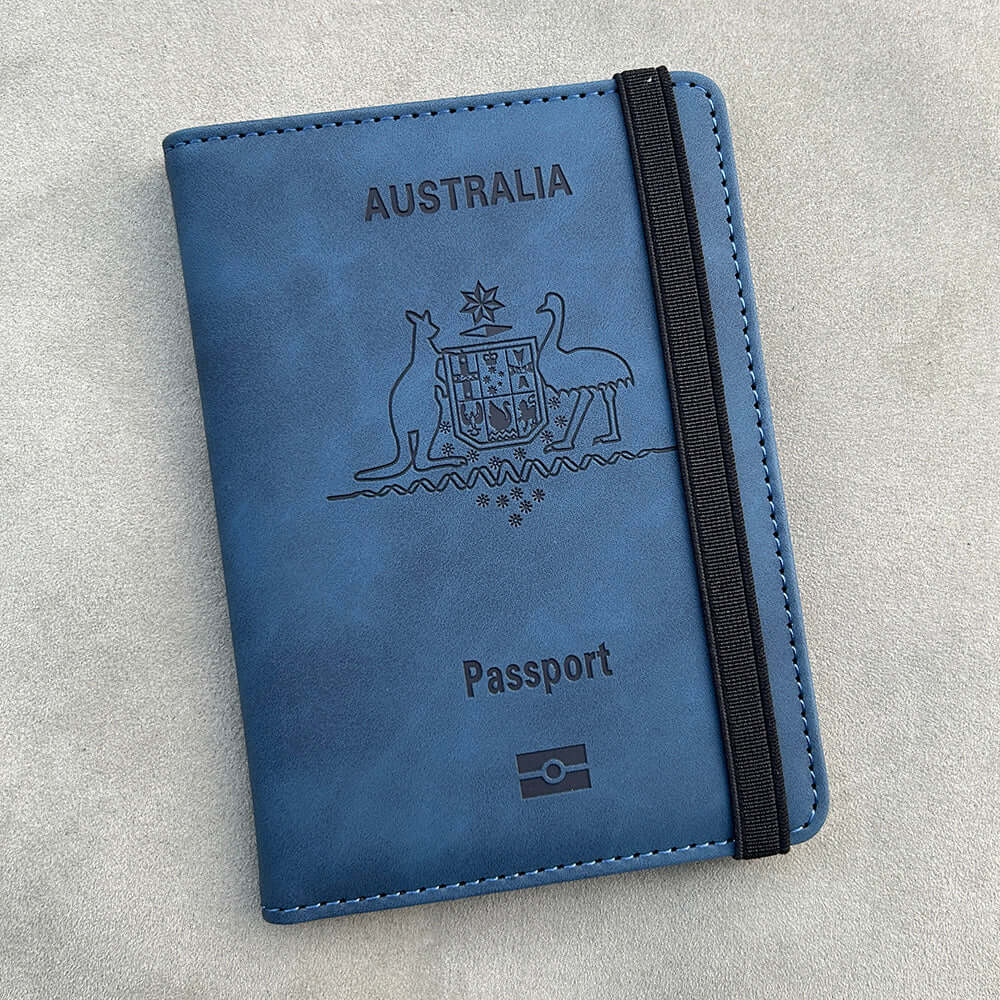 Navy RFID Australia Passport Holder with a grey background
