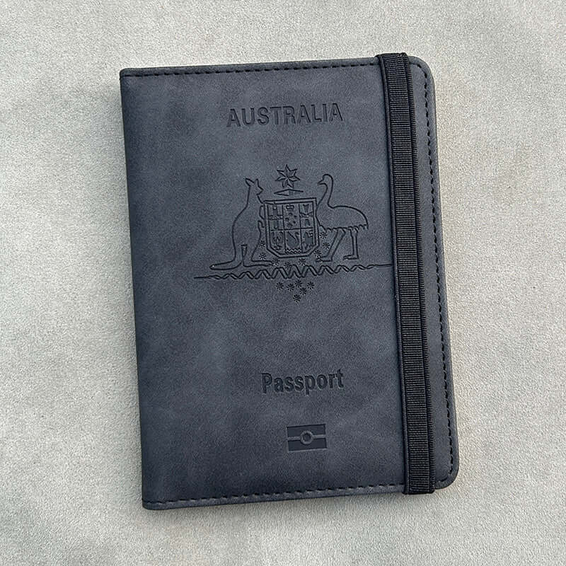 Black RFID Australia Passport Holder with a grey background